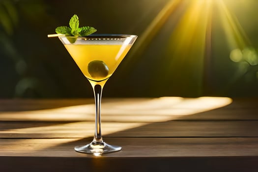 a cocktail with olives and mint on a wooden table. AI-Generated photo