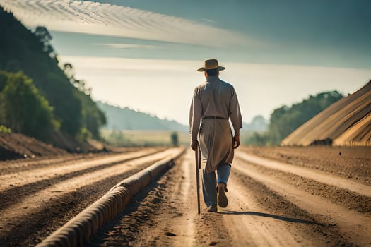 a man walking down a dirt road with a cane. AI-Generated photo