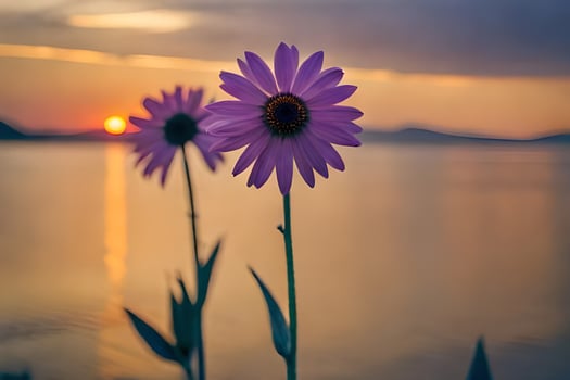 two purple flowers are standing in front of the sun. AI-Generated photo
