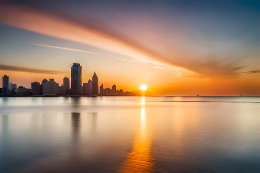 the sun rises over the city skyline in this photo. AI-Generated photo