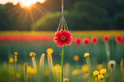 a red flower is hanging from a chain in a field. AI-Generated photo