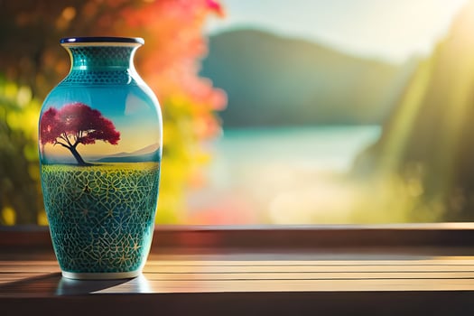 a vase with a tree painted on it sitting on a table. AI-Generated photo