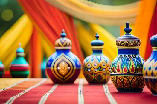 colorful vases on a table with colorful curtains. AI-Generated photo