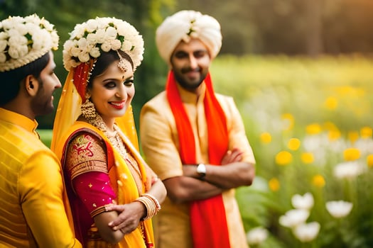 a couple in traditional indian attire pose for a photo. AI-Generated photo