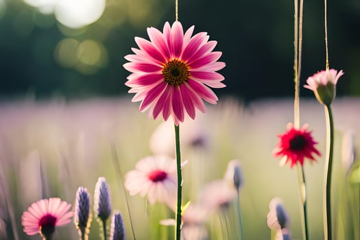 pink flowers in a field with green grass. AI-Generated photo