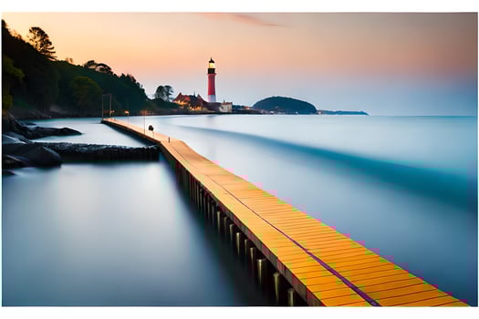 a long exposure photograph of a lighthouse at sunset. AI-Generated photo