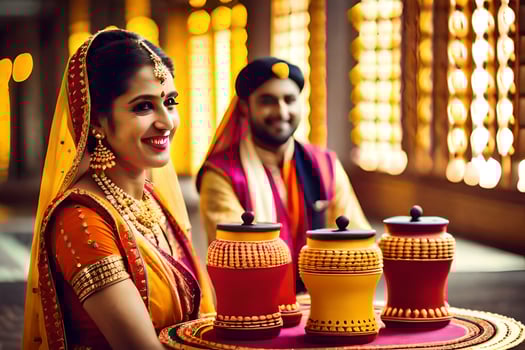 a couple in traditional indian attire is smiling and holding a tray. AI-Generated photo