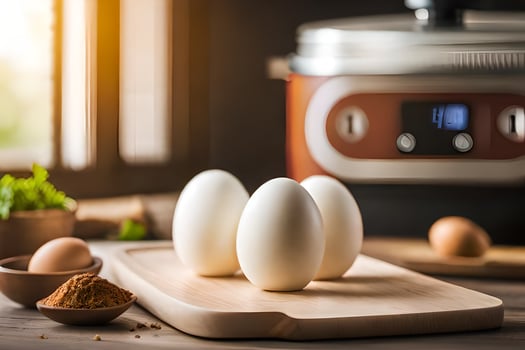 three eggs on a cutting board next to an instant pot. AI-Generated photo
