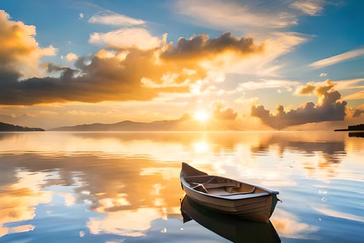a boat is floating in the calm water at sunset. AI-Generated photo