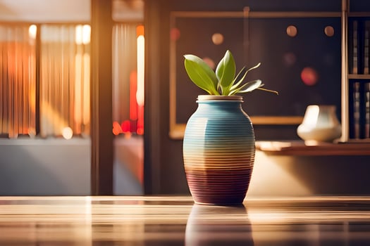 a plant in a colorful vase on a table. AI-Generated photo