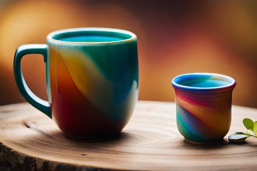 two colorful cups sit on a wooden table. AI-Generated photo