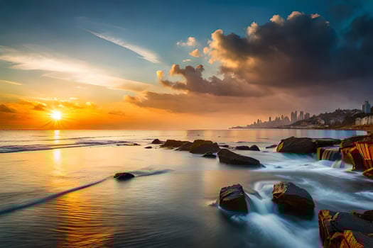 the sun sets over the ocean and rocks. AI-Generated photo