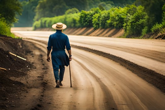a man walking down a dirt road with a cane. AI-Generated photo