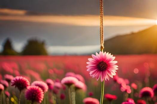 pink flowers in a field with a necklace hanging from it. AI-Generated photo
