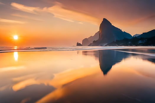 the sun rises over the ocean and mountains in this photo. AI-Generated photo