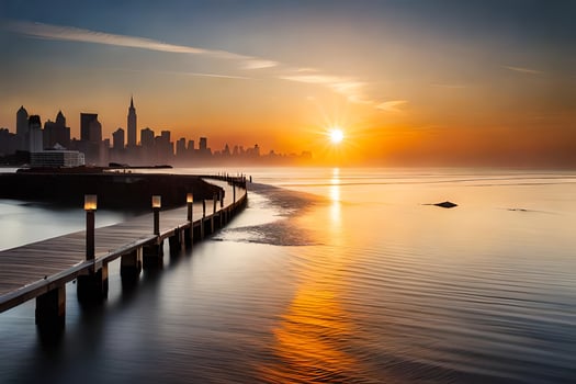 the sun rises over the city skyline in dubai. AI-Generated photo