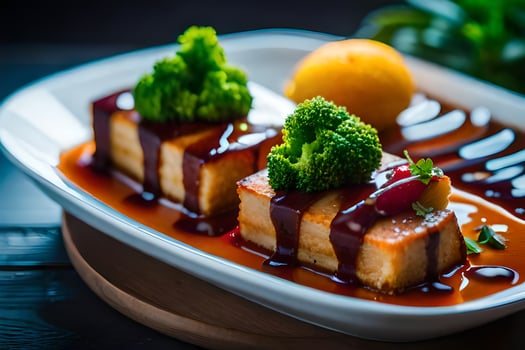 a plate of food with broccoli and sauce. AI-Generated photo