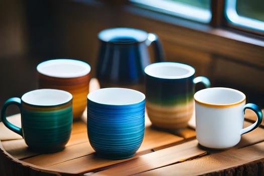 a group of four mugs sitting on a wooden table. AI-Generated photo