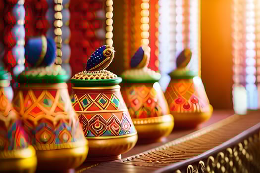 colorful pots lined up on a table. AI-Generated photo