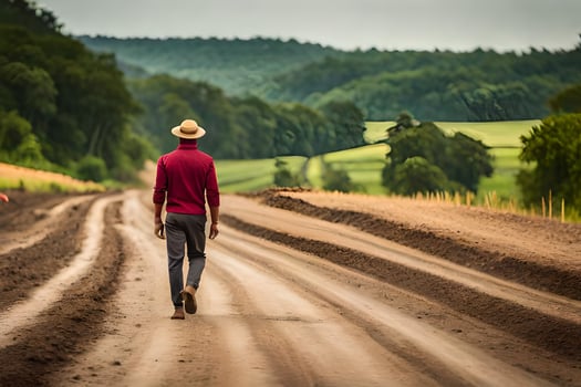a man walking down a dirt road in the countryside. AI-Generated photo