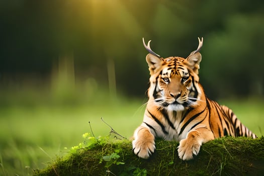 a tiger sitting on a green grassy field. AI-Generated photo