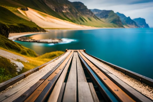 a wooden bridge over the ocean and mountains. AI-Generated photo