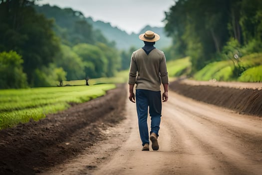 a man walking down a dirt road in the middle of a field. AI-Generated photo