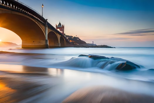 a bridge over the ocean at sunset. AI-Generated photo