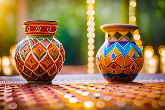 two colorful vases sitting on a table with lights. AI-Generated photo