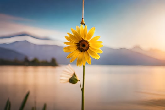 photo wallpaper the sky, mountains, lake, sunflower, flower, nature, water, mountains. AI-Generated
