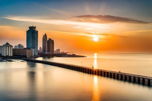 the sun sets over a city skyline and water. AI-Generated photo