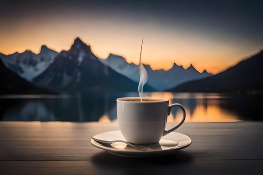 coffee, the sun, mountains, lake, hd wallpaper. AI-Generated photo