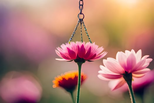 pink flowers hanging from a chain in front of a sunlit background. AI-Generated photo