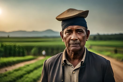 an old man in a hat standing in a field. AI-Generated photo