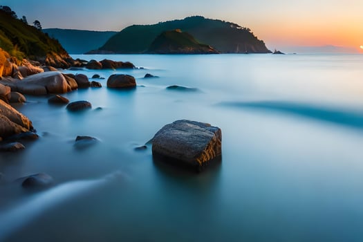 the sun sets over the ocean in this long exposure photo. AI-Generated photo