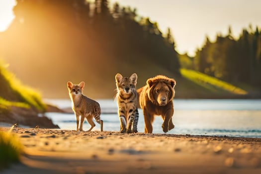 three animals walking along the shore of a lake. AI-Generated photo