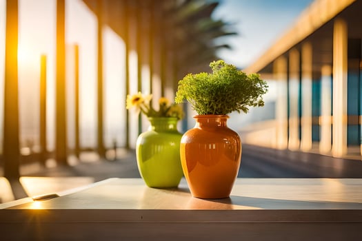 two vases with flowers on a table in front of a building. AI-Generated photo