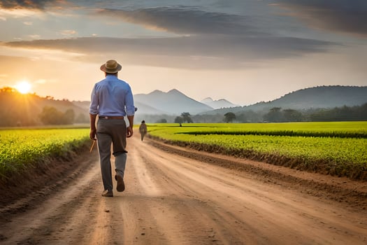 a man walking down a dirt road in the middle of a field. AI-Generated photo
