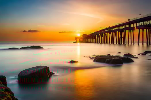 the sun sets over the ocean and pier. AI-Generated photo