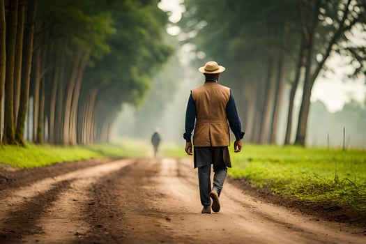 a man walking down a dirt road in the middle of a forest. AI-Generated photo