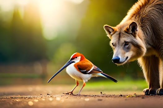 a wolf and a bird standing next to each other. AI-Generated photo