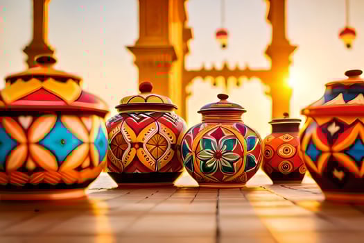 colorful pots are lined up on a wooden floor. AI-Generated photo