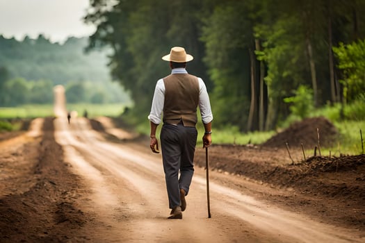 a man in a hat and vest walking down a dirt road. AI-Generated photo