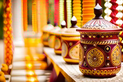 a row of colorful vases lined up on a table. AI-Generated photo