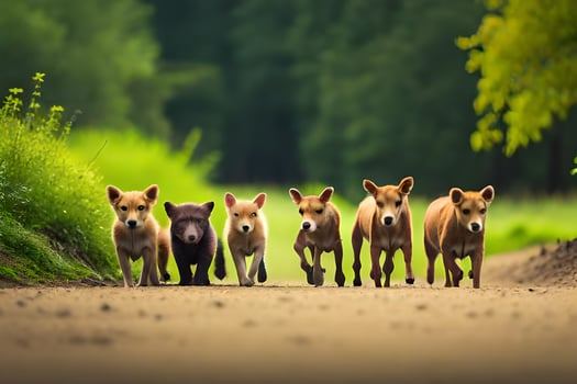 a group of small dogs walking down a road. AI-Generated photo