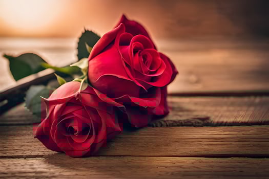 two red roses on a wooden table. AI-Generated photo