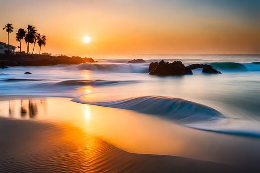 the sun sets over the ocean and waves. AI-Generated photo