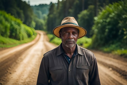 a man in a hat standing on a dirt road. AI-Generated photo