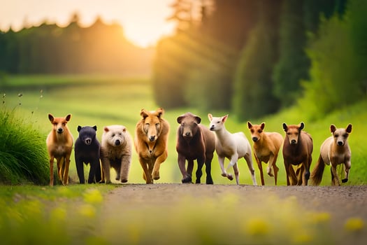 a group of horses running down a road. AI-Generated photo