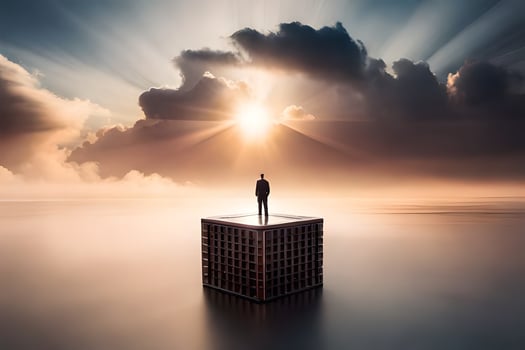 a man stands on top of a cube in the middle of the ocean. AI-Generated photo